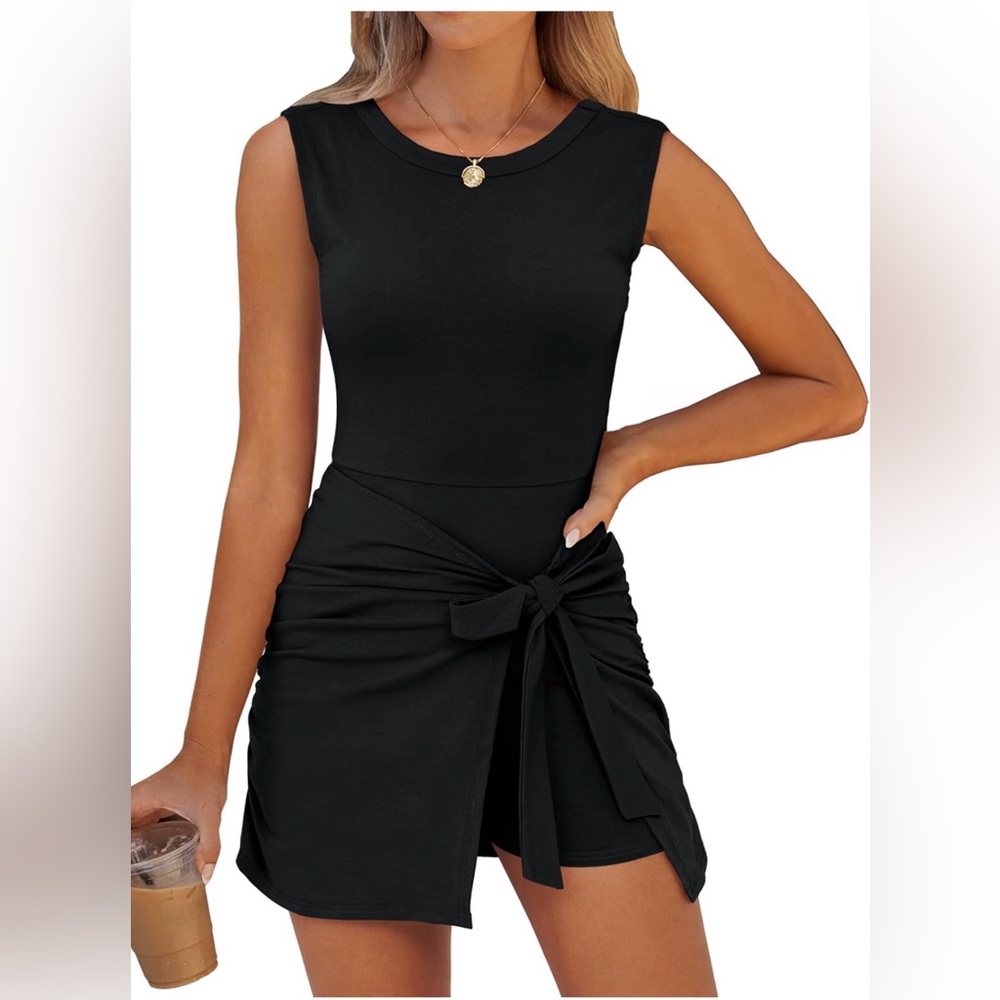Women Sleeveless Tie Cinched Waist Romper Skort Mini Dress Built in Shorts Dress